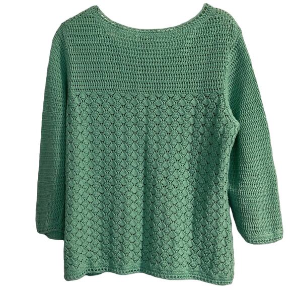 L.L Bean Sweater Women's Size Medium Petite Crochet Green 3/4 Sleeves - Picture 2 of 6